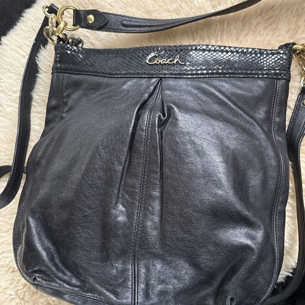 Coach Ashley Hippie Black Leather  Shoulder Bag F20114 Snake Trim